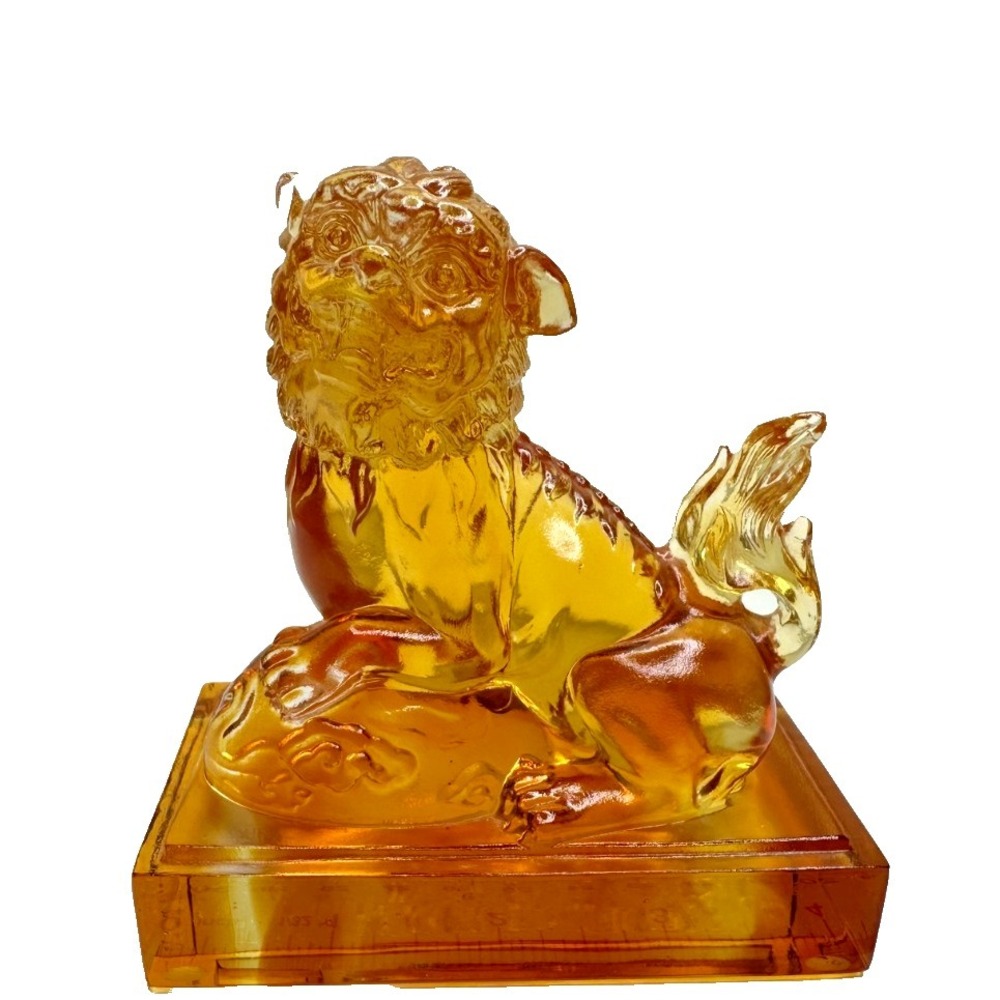 Tittot Chinese Foo Dog Amber Glass Figurine Guardian Lion Paperweight Signed